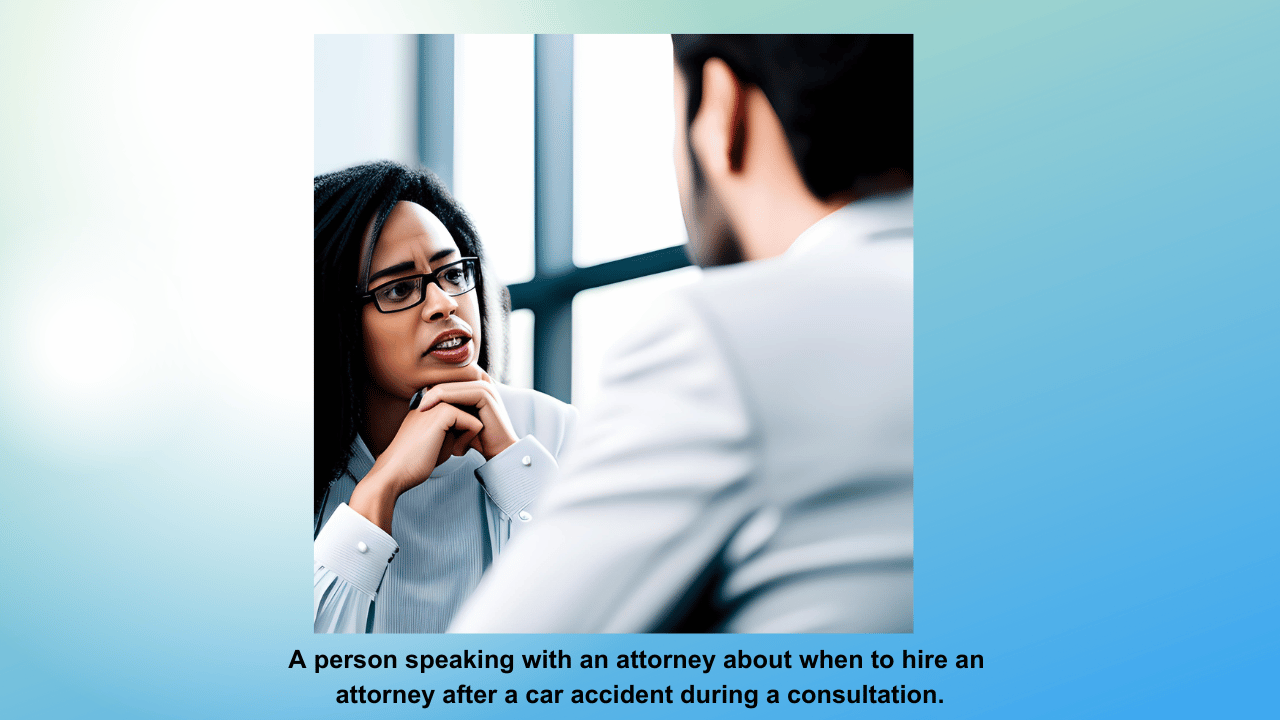 A person speaking with an attorney about when to hire an attorney after a car accident during a consultation.