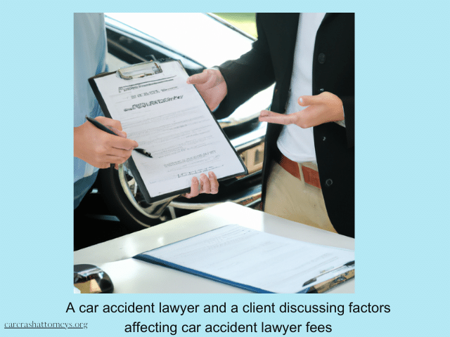 A car accident lawyer and a client discussing factors affecting car accident lawyer fees