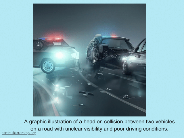 A graphic illustration of a head on collision between two vehicles on a road with unclear visibility and poor driving conditions.