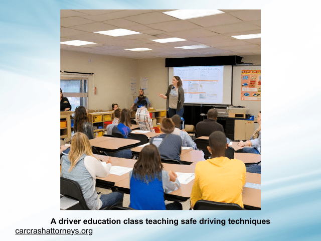A driver education class teaching safe driving techniques