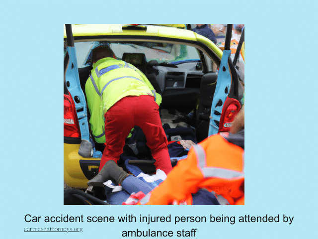 Car accident scene with injured person being attended by ambulance staff.