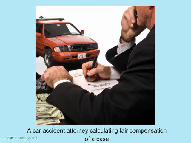 A car accident attorney calculating fair compensation of a case.