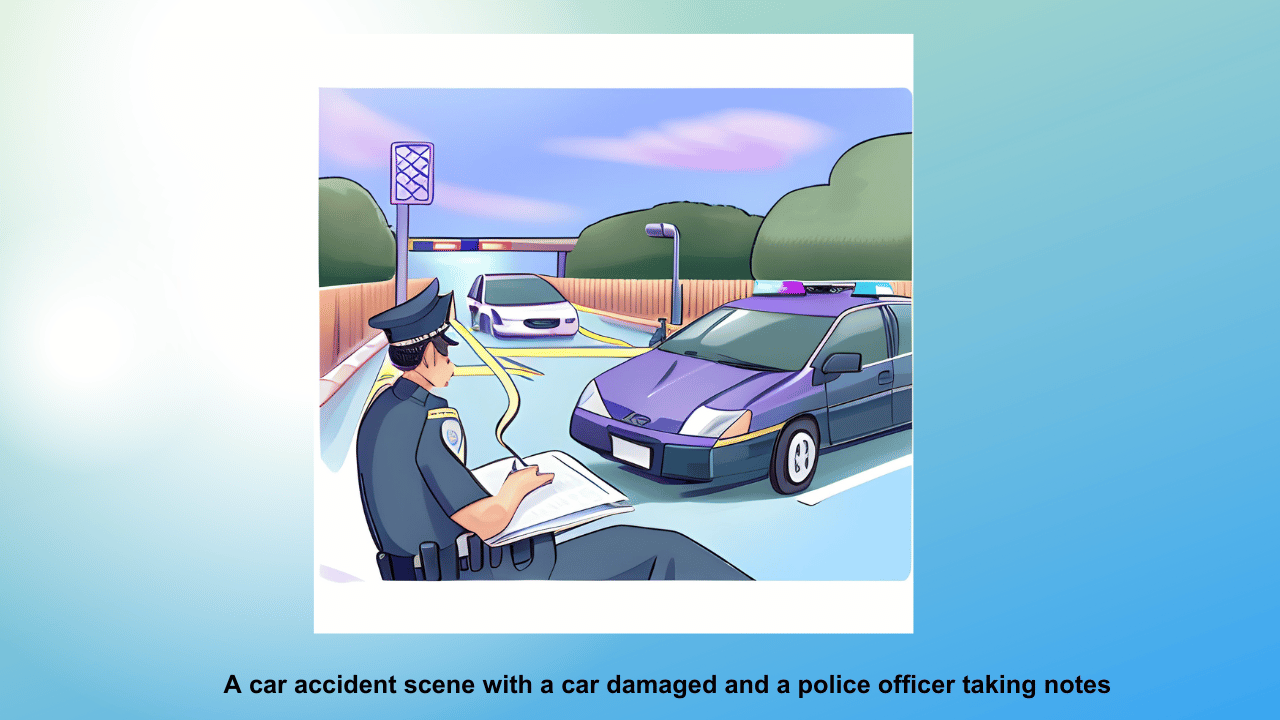                                A car accident scene with a car damaged and a police officer taking notes