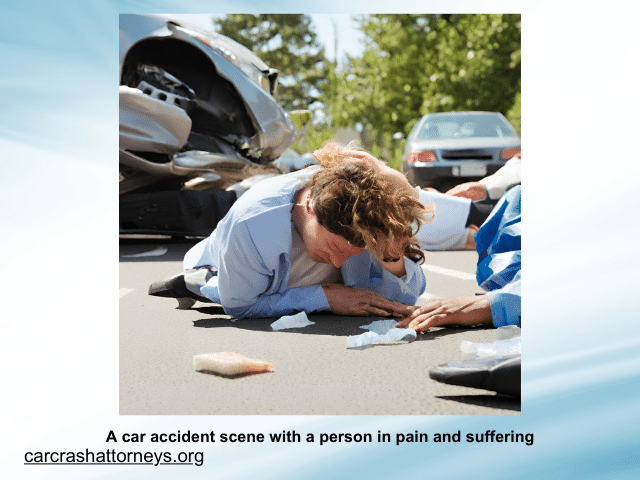 A car accident scene with a person in pain and suffering
