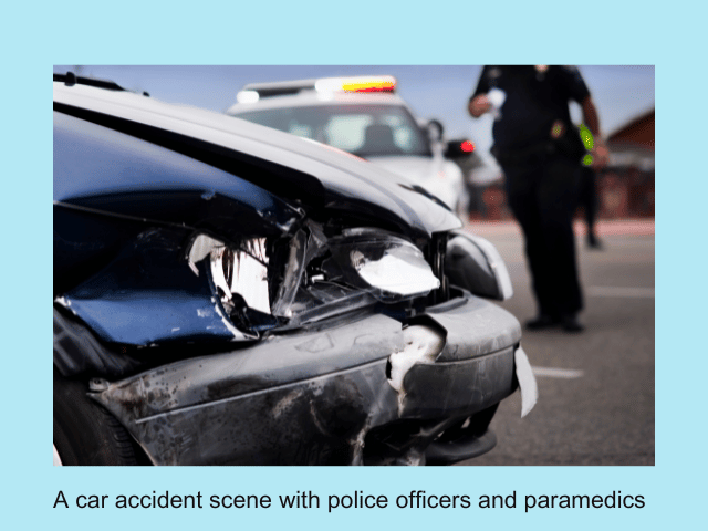 A car accident scene with police officers and paramedics