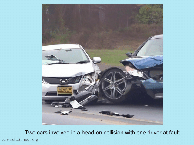 Two cars involved in a head-on collision with one driver at fault