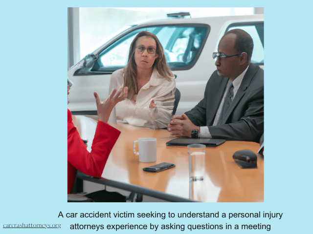 Car accident victims seeking to understand a personal injury attorneys experience by asking questions in a meeting.