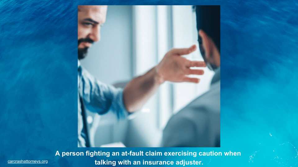 A person fighting an at-fault claim exercising caution when talking with an insurance adjuster.