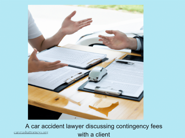 A car accident lawyer discussing contingency fees with a client.
