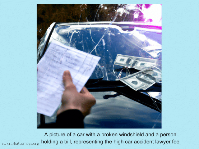 A picture of a car with a broken windshield and a person holding a bill, representing the high car accident lawyer fee