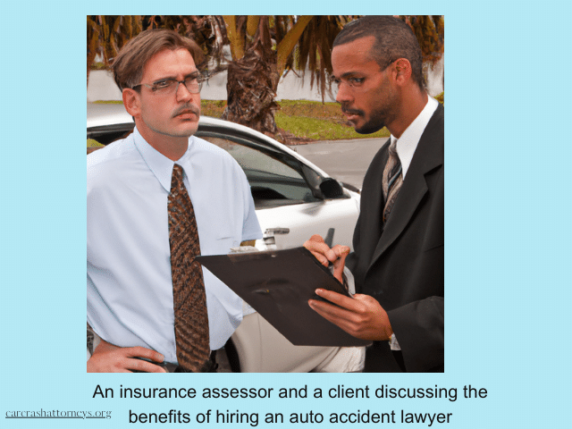 An insurance assessor and a client discussing the benefits of hiring an auto accident lawyer