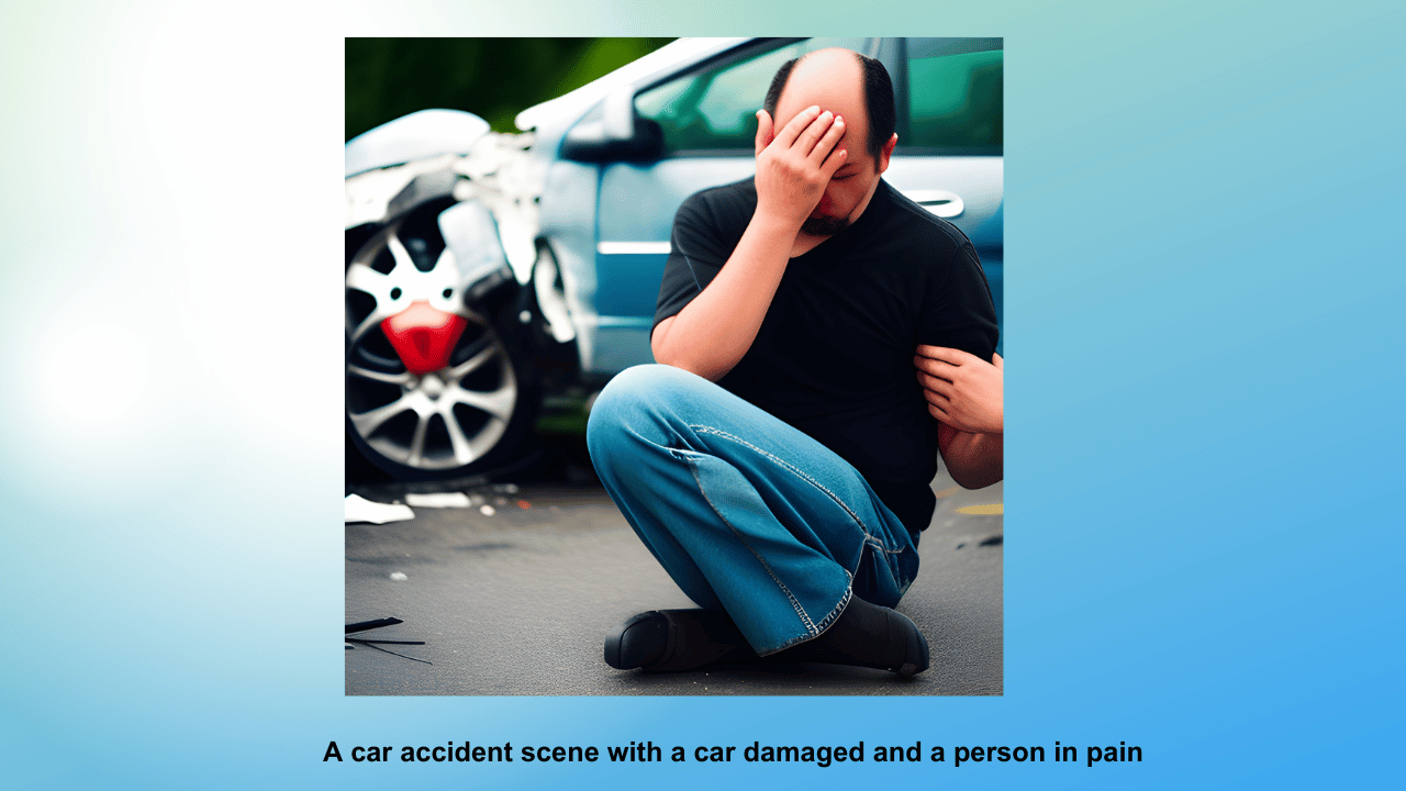 A car accident scene with a car damaged and a person in pain