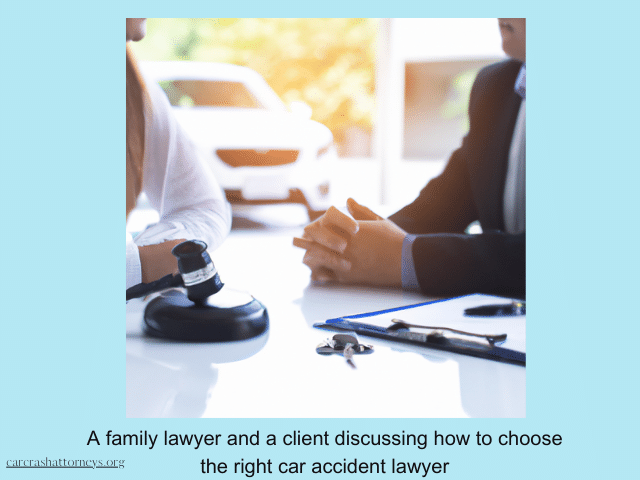 A family lawyer and a client discussing how to choose the right car accident lawyer