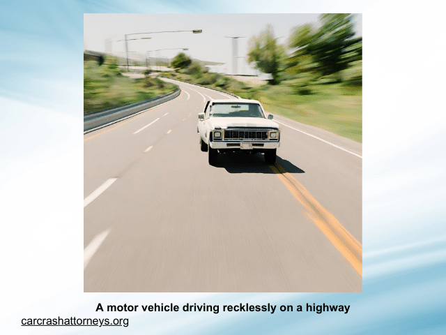 A motor vehicle driving recklessly on a highway