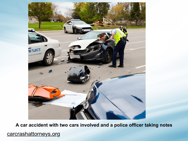 A car accident with two cars involved and a police officer taking notes