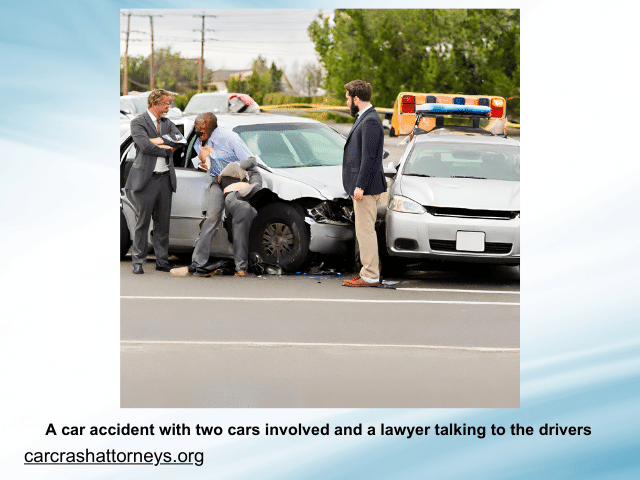 A car accident with two cars involved and a lawyer talking to the drivers