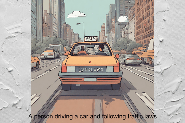 A person driving a car and following traffic laws